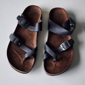 White Mountain Gracie Flat Sandal Womens 9 Black Leather Buckle Cork Footbed